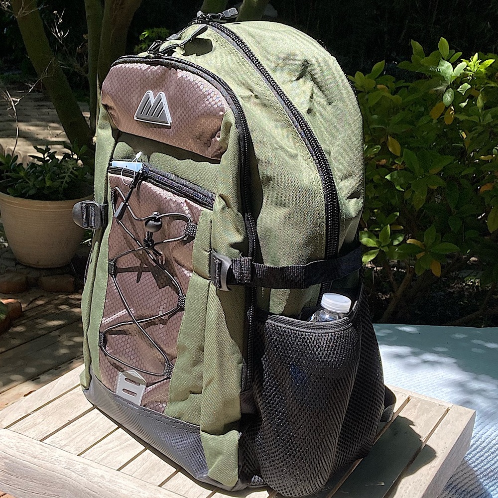 Backpack Avocado Green with Black Trim Side Pockets New 19” Unisex - Picture 3 of 16